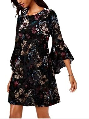 Nine West black velvet colorful floral burnout dress with big bell sleeves NWT